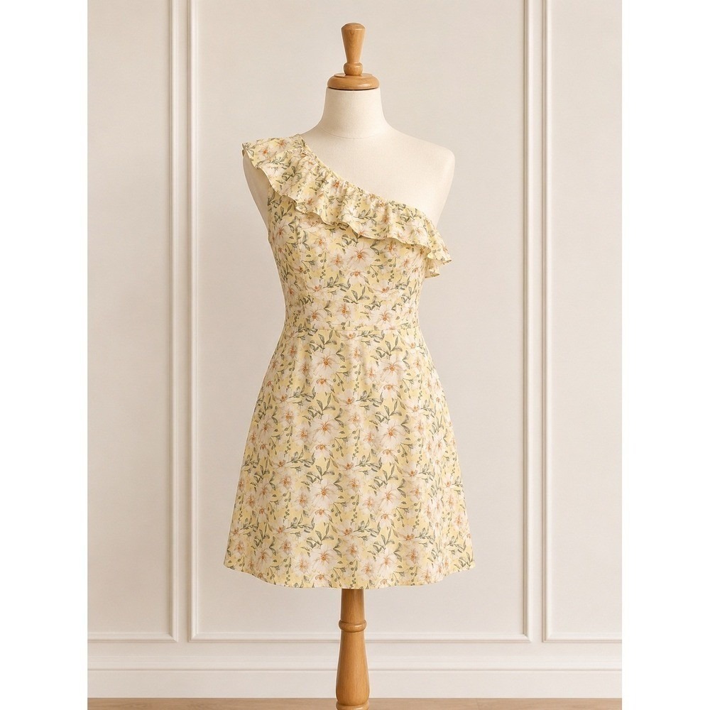 Romantic Linen Blend One Shoulder Floral Summer Dress Small